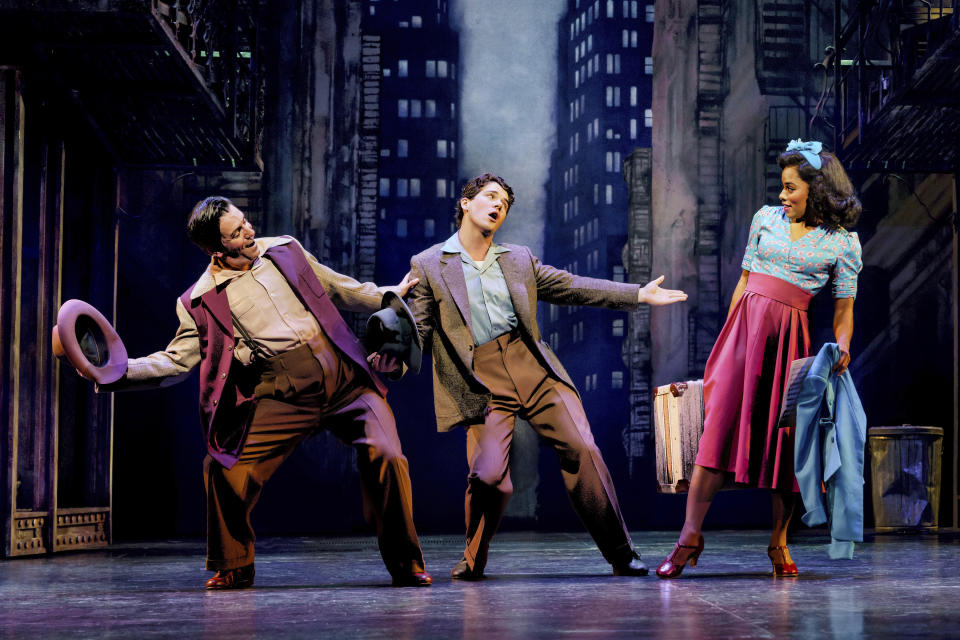 This image released by Polk & Co. shows Clyde Alves, from left, Colton Ryan, and Anna Uzele during a performance of "New York, New York." (Paul Kolnik/Polk & Co. via AP)