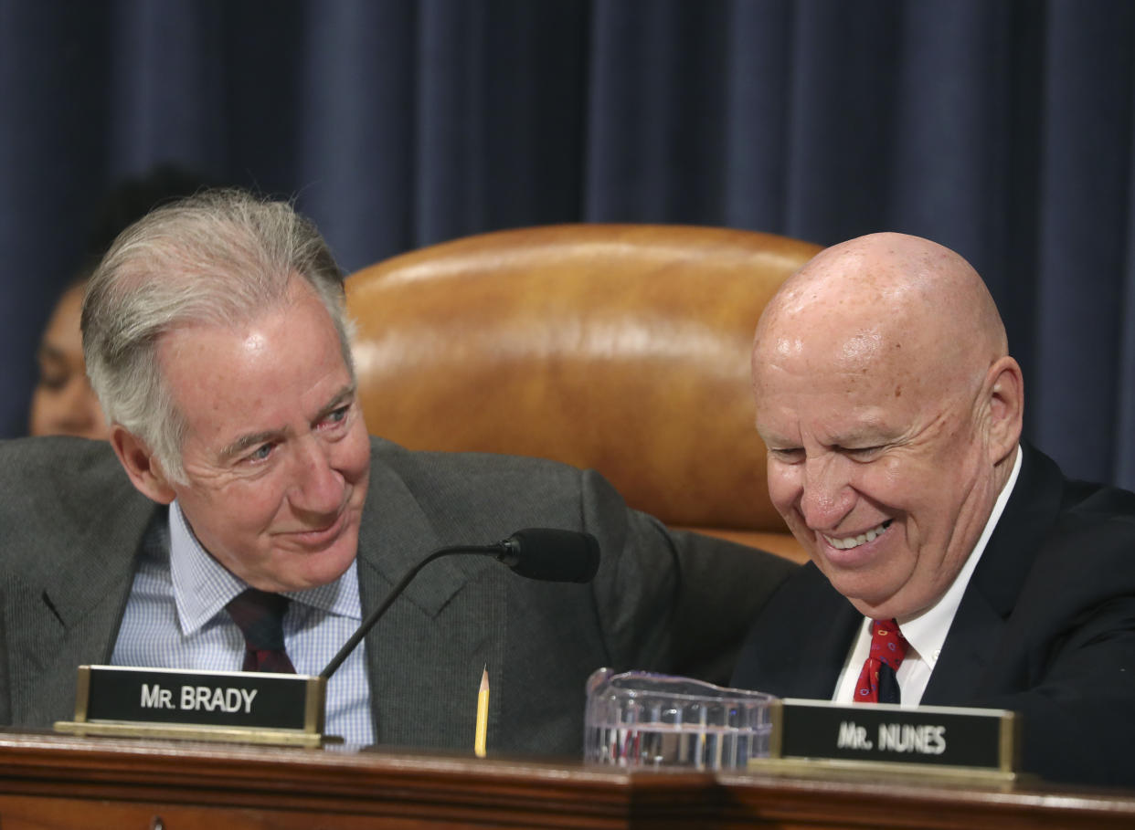 WASHINGTON, DC - DECEMBER 17: Chairman of the Committee on Ways and Means Rep. Richard Neal (D-MA) (L) speaks to ranking member Kevin Brady (R-TX) during a full committee markup of H.Res.746, that will implement the agreement between the United States of America, the United Mexican States, and Canada attached as an Annex to the Protocol Replacing the North American Free Trade Agreement, in the Longworth House Office Building on Capitol Hill, December 17, 2019 in Washington, DC. (Photo by Mark Wilson/Getty Images)