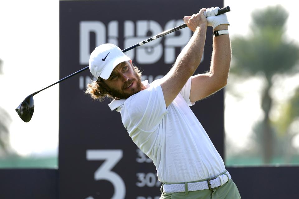 Tommy Fleetwood of England tees off on the third hole during the third round of Dubai Invitational golf tournament, in Dubai, United Arab Emirates, Saturday, Jan. 13, 2024. (AP Photo/Kamran Jebreili)