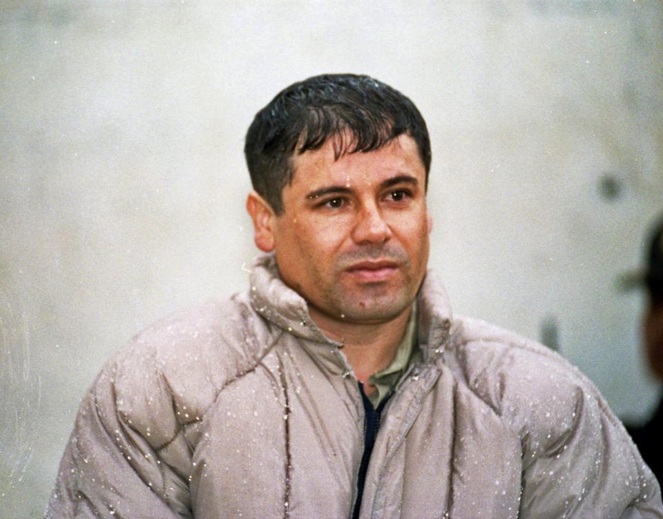 In this June 10, 1993 file photo, Joaquin Guzman Loera, alias "El Chapo Guzman" is shown to the press after his arrest at the high security prison of Almoloya de Juarez, outskirts of Mexico City. (AP Photo/Damian Dovarganes, file)