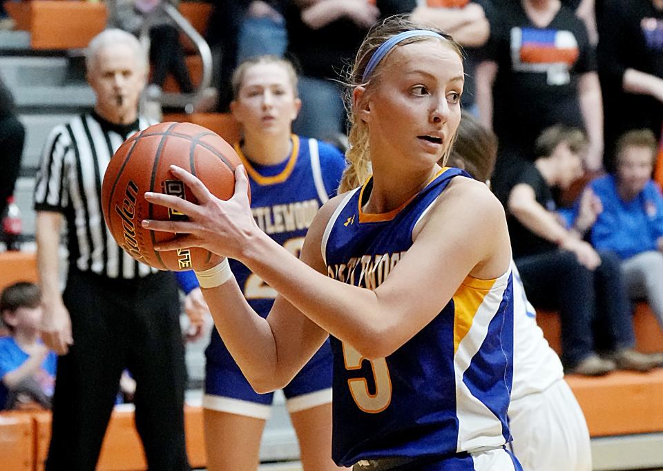 Castlewood's Maddie Horn pulls down a rebound during the consolation championship of the South Dakota state Class B girls basketball tournament on Saturday, March 11, 2023 in the Huron Arena.