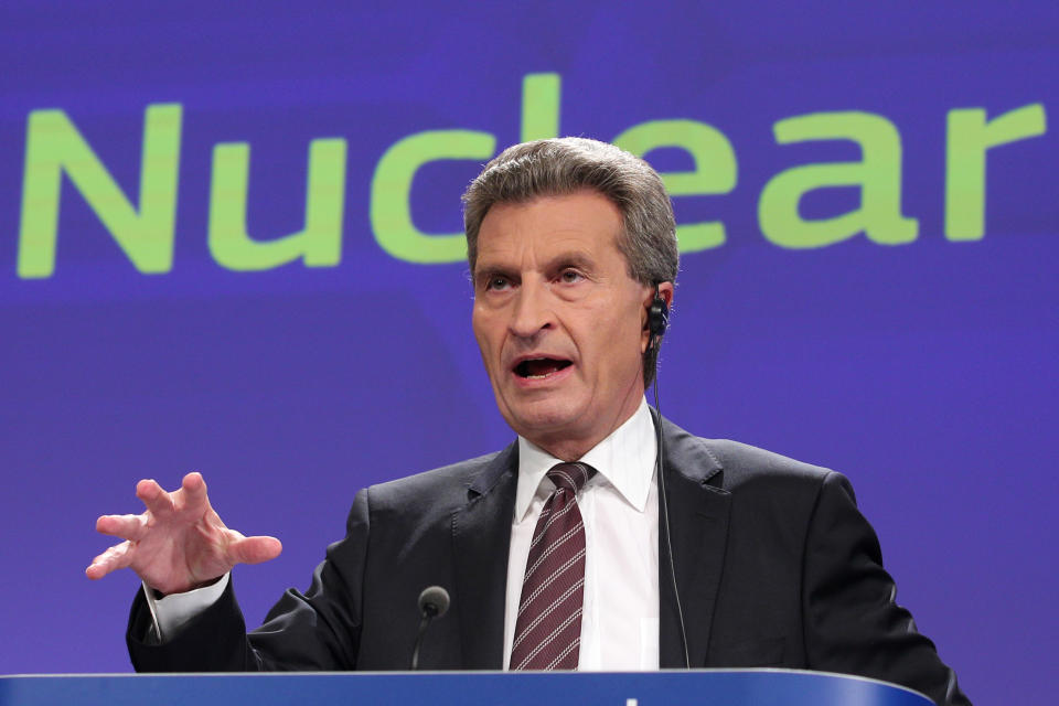European Commissioner for Energy Guenther Oettinger addresses the media on the risk and safety assessment of nuclear power plants in the EU, at the European Commission headquarters in Brussels, Thursday, Oct. 4, 2012. (AP Photo/Yves Logghe)