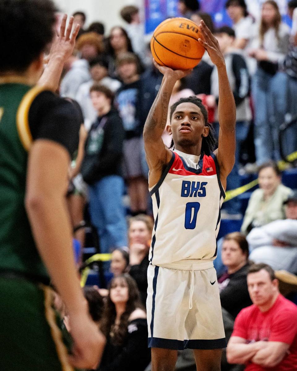 Beyer’s Prince Major scores a 3-point basket on his way to a 38-point game in the Western Athletic Conference contest with Grace Davis at Beyer High School in Modesto, Calif., Friday, Feb. 2, 2024.