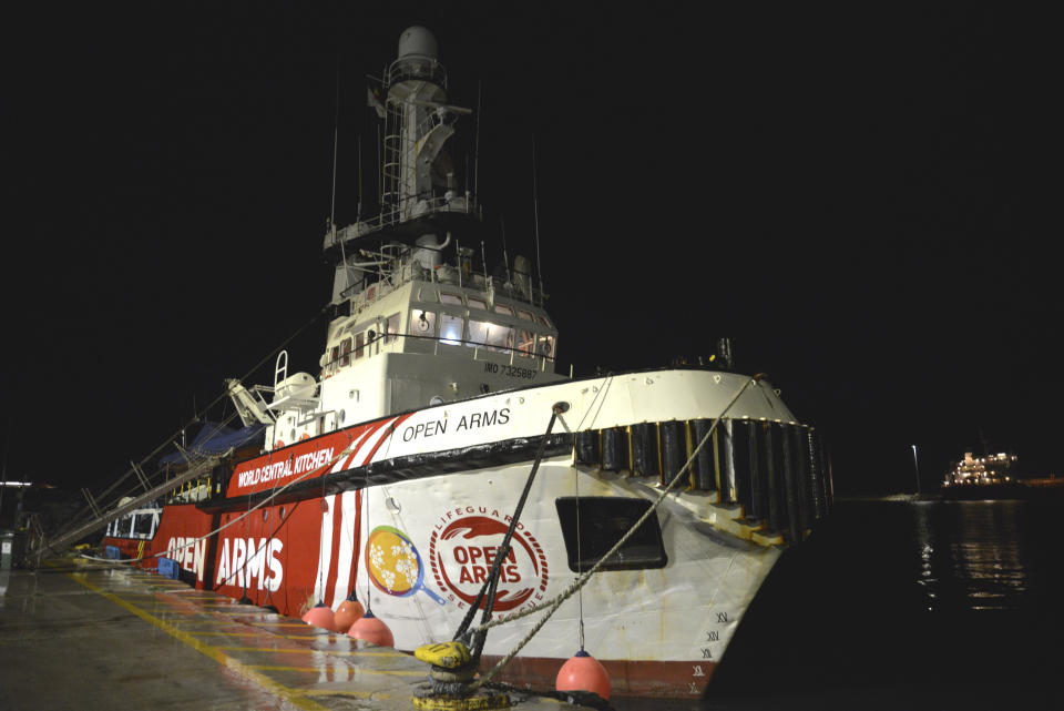 The ship belonging to the Open Arms aid group is seen docked as it prepares to ferry some 200 tonnes of rice and flour directly to Gaza, at Larnaca harbor, Cyprus, on Friday, March 8, 2024. A ship bearing humanitarian aid was making preparations to leave Cyprus and head for Gaza, the European Commission president said Friday as international donors launched a sea corridor to supply the besieged territory that is facing widespread hunger after five months of war. (AP Photo/Marcos Andronicou)