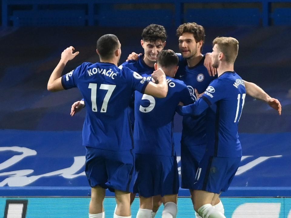 Chelsea players celebrate Havertz’s role in the first goal against EvertonGetty Images