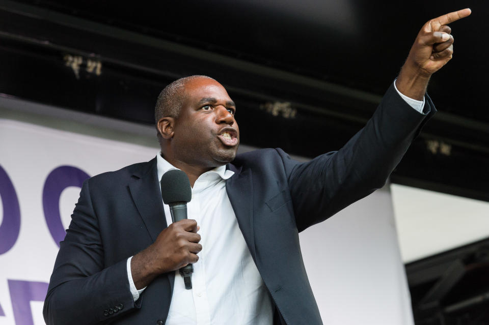 Labour Party MP David Lammy speaks to thousands of pro-EU demonstrators gathered for a cross-party rally in Parliament Square, organised by the People's Vote Campaign on 04 September, 2019 in London, England, to protest against Boris Johnson's Brexit strategy which involves leaving the EU on 31 October 2019 with or without an exit deal. (Photo by WIktor Szymanowicz/NurPhoto via Getty Images)