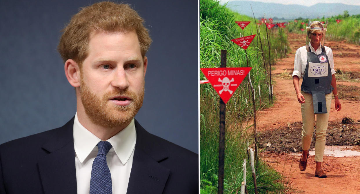 Harry, pictured at the Chatham House event and his mother Princess Diana in Angola in 1997. [Photos: PA]