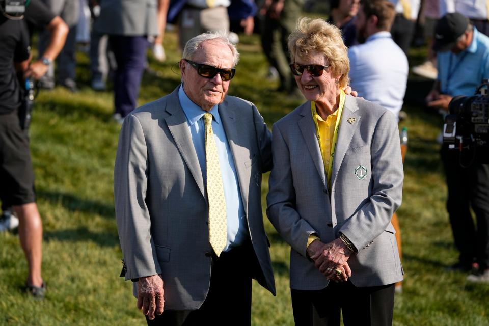 June 4, 2023; Dublin, Ohio, USA;  Jack and Barbara Nicklaus wait for the trophy presentation following the final round of the Memorial Tournament at Muirfield Village Golf Club. 
