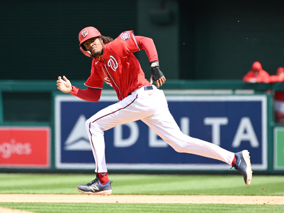 Outfielder James Wood was a key piece of the return the Nationals received for sending Juan Soto and Josh Bell to the Padres last summer. (Photo by Diamond Images via Getty Images)