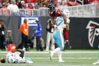 <p>Atlanta Falcons wide receiver Taylor Gabriel (18) is carried by Miami Dolphins middle linebacker Kiko Alonso (47) in the fourth quarter at Mercedes-Benz Stadium. Mandatory Credit: Brett Davis-USA TODAY Sports </p>