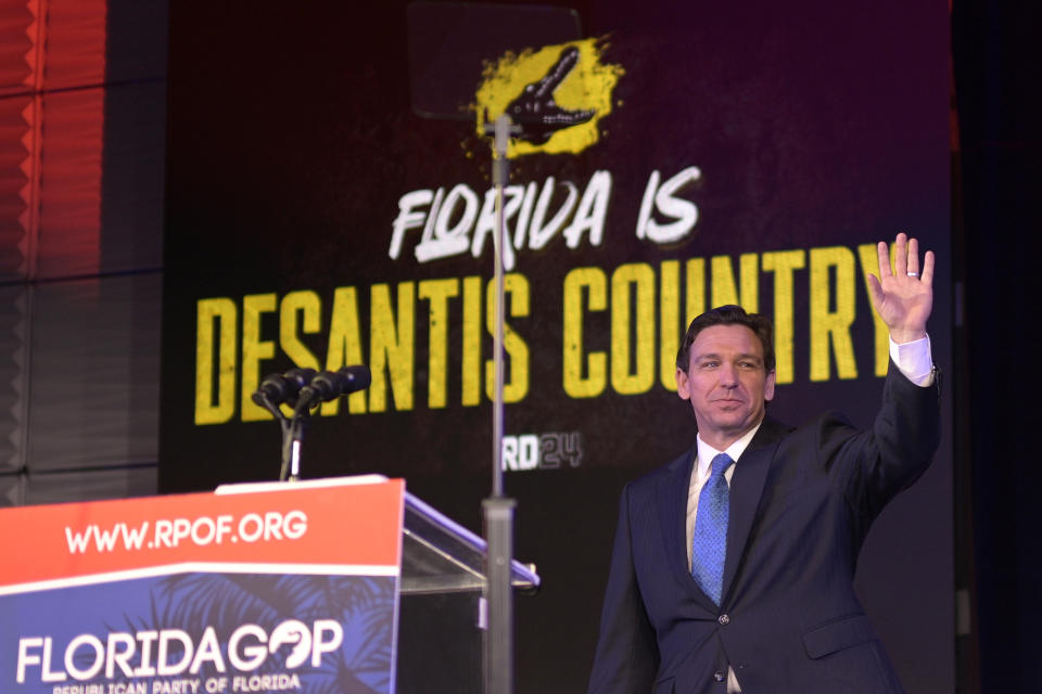 Republican presidential candidate Florida Gov. Ron DeSantis addresses attendees at the Republican Party of Florida Freedom Summit, Saturday, Nov. 4, 2023, in Kissimmee, Fla. (AP Photo/Phelan M. Ebenhack)