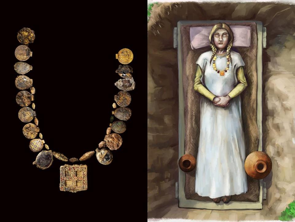 Left: The pendants arranged into a necklace. Right: An artist’s reconstruction of the medieval burial.