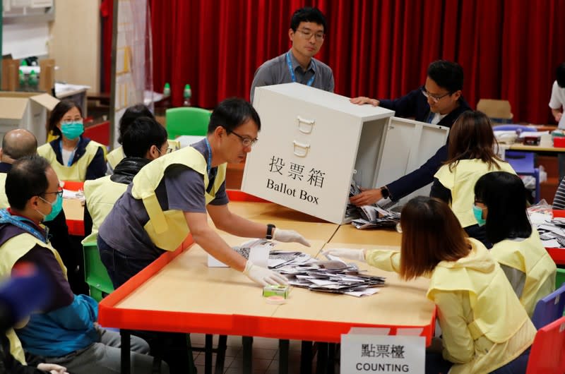 Polling officials open a ballot box to count the votes of the Hong Kong council elections, in a polling station in Hong Kong