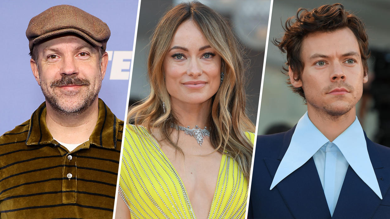 Jason Sudeikis, Olivia WIlde, Harry Styles (Sudeikis: David M. Benett via Getty Images for Apple; Wilde and Styles: Marilla Sicilia/Archivio Marilla Sicilia/Mondadori Portfolio via Getty Images)