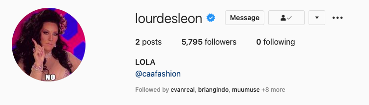 Lourdes' bio picture is an image of RuPaul's Drag Race judge Michele Visage saying "No"