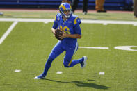 Los Angeles Rams quarterback Jared Goff (16) looks to pass during the first half of an NFL football game against the Buffalo Bills Sunday, Aug. 26, 2018, in Orchard Park, N.Y. (AP Photo/John Munson)