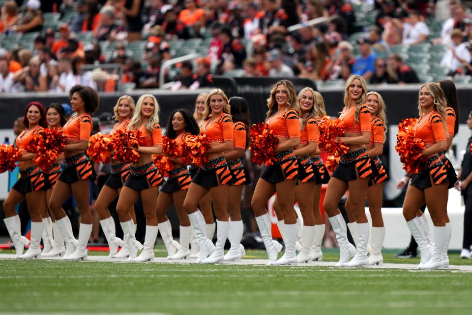 The Cincinnati Ben-Gal cheerleaders perform prior to a Week 2 NFL football game between the Baltimore Ravens and the Cincinnati Bengals Sunday, Sept. 17, 2023, at Paycor Stadium in Cincinnati.