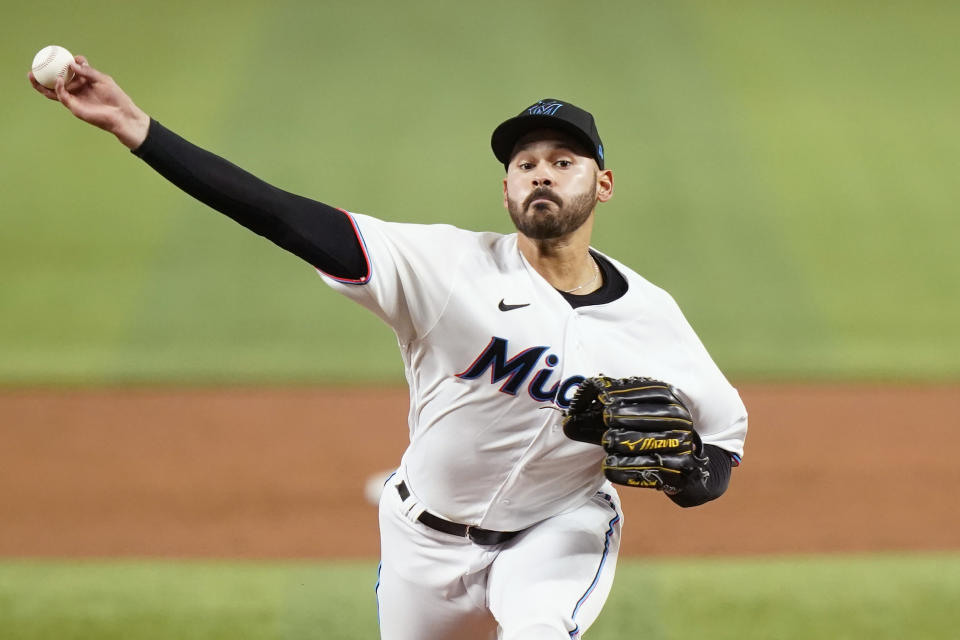 Miami Marlins starting pitcher Pablo Lopez throws during the third inning of a baseball game against the St. Louis Cardinals, Thursday, April 21, 2022, in Miami. (AP Photo/Lynne Sladky)