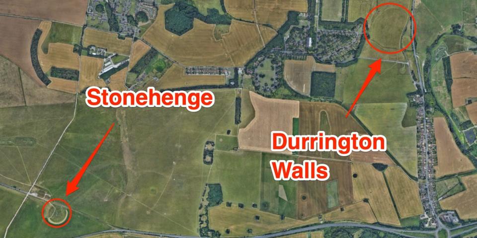An annotated map shows the location of Stonehenge as compared to Durrington Walls