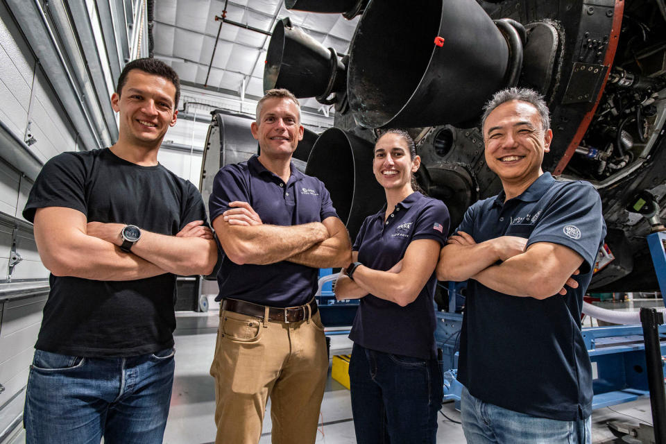 Dominick and company are replacing the Crew 7 astronauts, who are wrapping up a six-month stay aboard the station (left to right): cosmonaut Konstantin Borisov, European Space Agency astronaut Andreas Mogensen, commander Jasmin Moghbeli and Japanese astronaut Satoshi Furukawa. / Credit: NASA