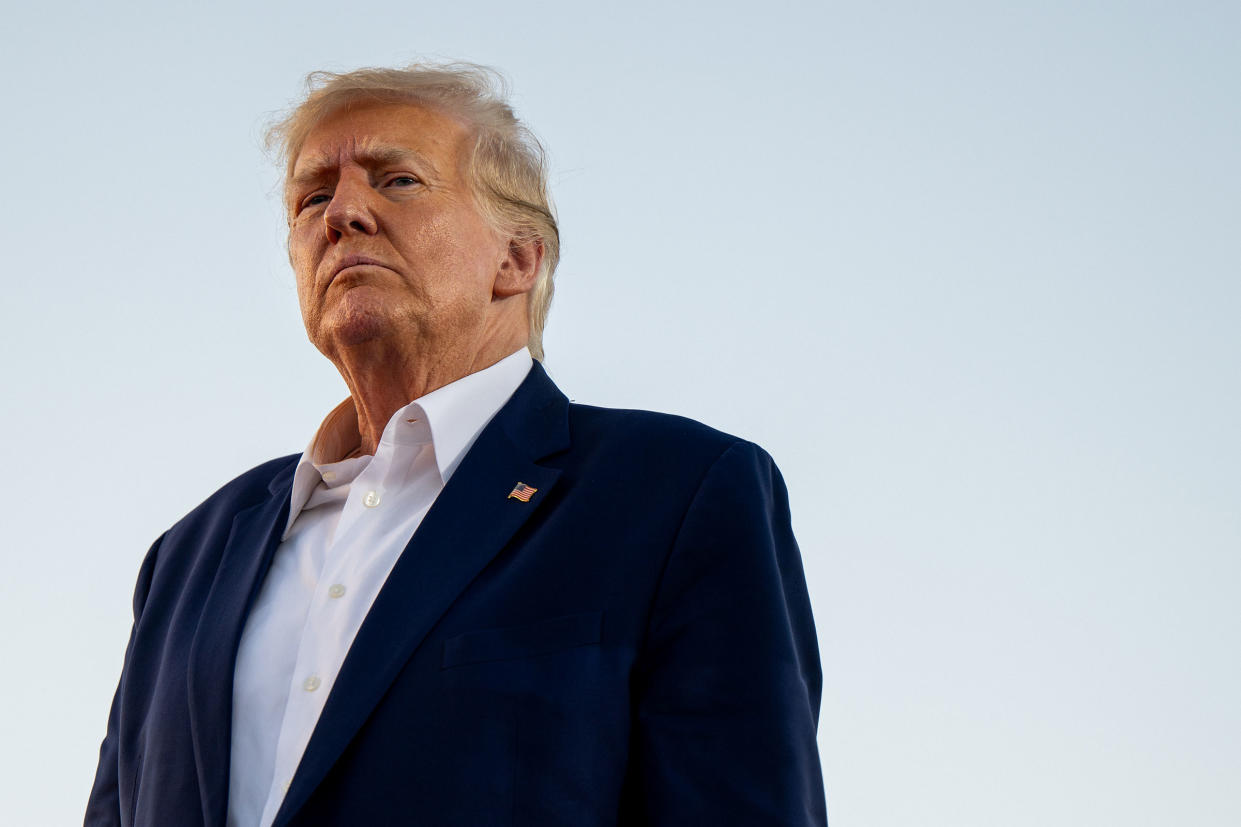 Former President Donald Trump looks on during a rally at the Waco Regional Airport in Waco, Texas, on March 25, 2023.