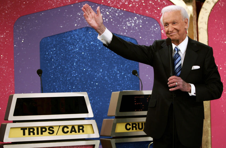 FILE - Legendary game show host Bob Barker, 83, waves goodbye as he tapes his final episode of "The Price Is Right," in Los Angeles on Wednesday, June 6, 2007. Barker signed off from 35 years on the game show and 50 years in daytime TV in the same low-key, genial fashion that made him one of daytime TV's biggest stars. (AP Photo/Damian Dovarganes, File)