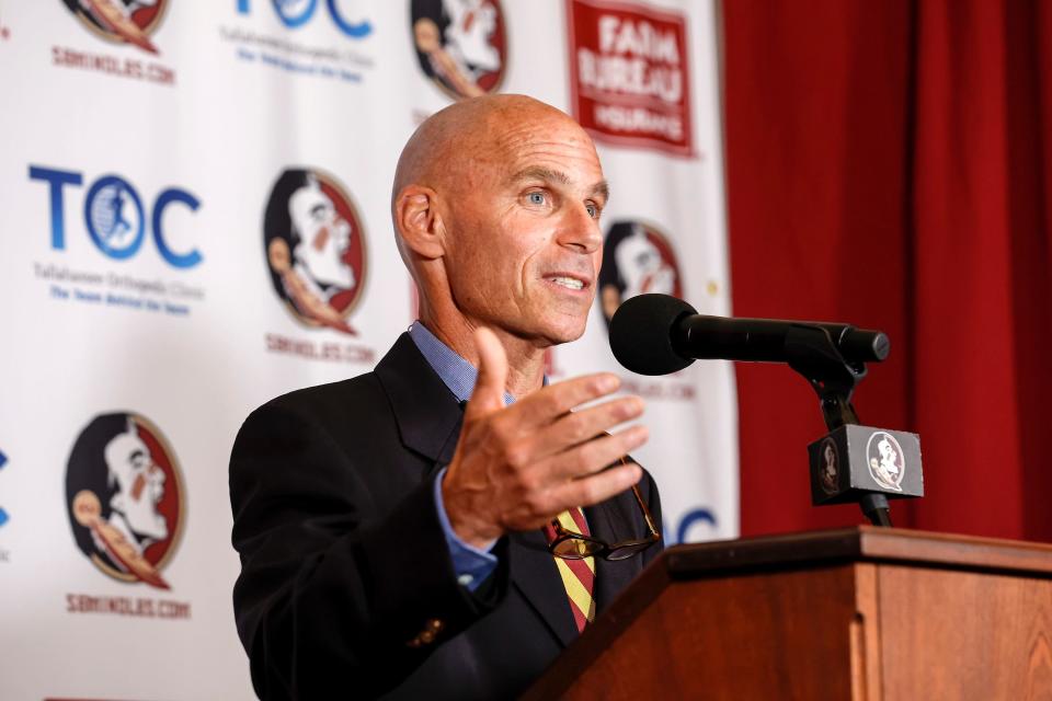 New Florida State women's soccer coach Brian Pensky speaks at his introductory press conference.