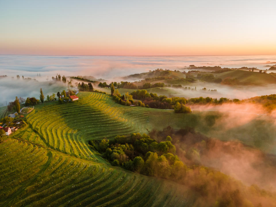 Aerial view of a scenic landscape with rolling hills, lush greenery, and a light mist partially covering the area. The sun is rising or setting, casting a soft glow