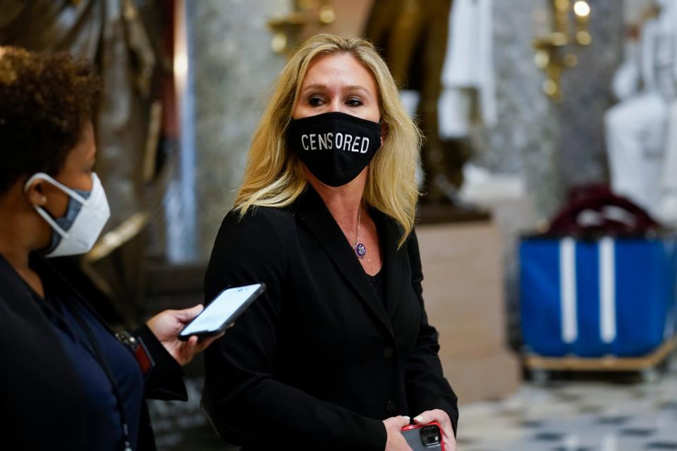 Rep. Marjorie Taylor Greene, R-Ga., on Capitol Hill Jan. 13, wearing a "CENSORED" face mask.