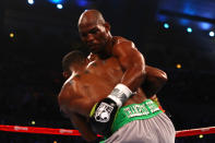 ATLANTIC CITY, NJ - APRIL 28: Bernard Hopkins (black trunks) gets tied up with Chad Dawson (grey trunks) during their WBC & Ring Magazine Light Heavyweight Title fight at Boardwalk Hall Arena on April 28, 2012 in Atlantic City, New Jersey. (Photo by Al Bello/Getty Images)