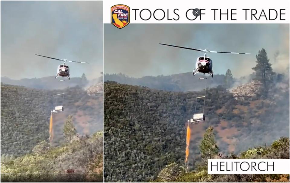 <span>Screenshot comparison between the falsely shared video (left) and the Cal Fire clip (right)</span>