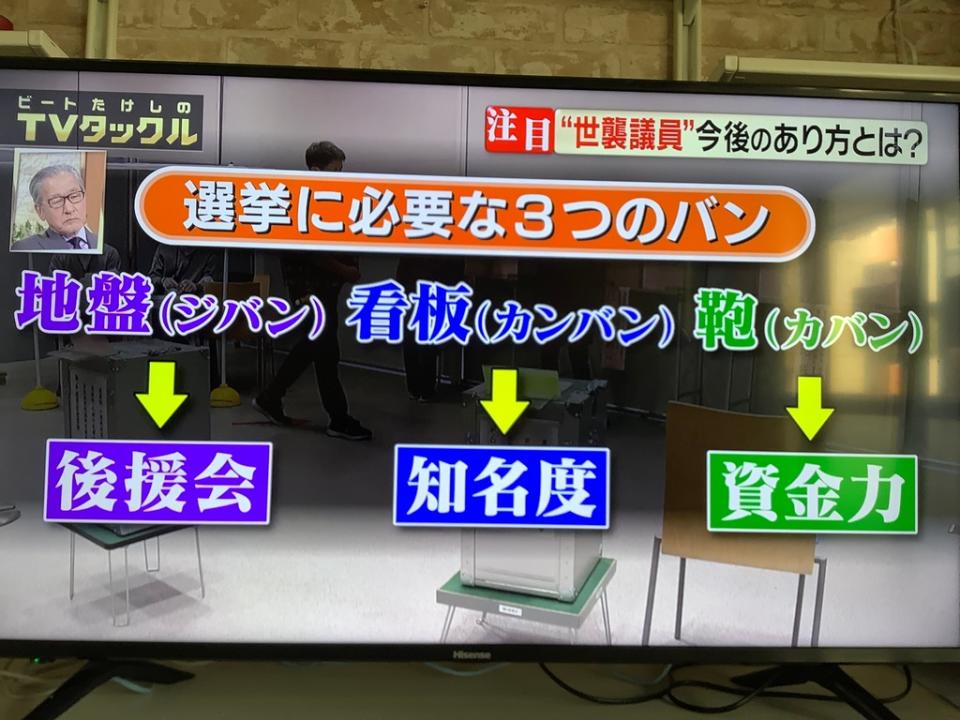 日本選舉需要的三ban，就是看板、地盤與資金（裝錢的提包）。 圖：攝自朝日電視 街頭訪問認為政治變成家業根本沒在想國民。 圖：攝自朝日電視街頭訪問認為政治變成家業根本沒在想國民。 圖：攝自朝日電視