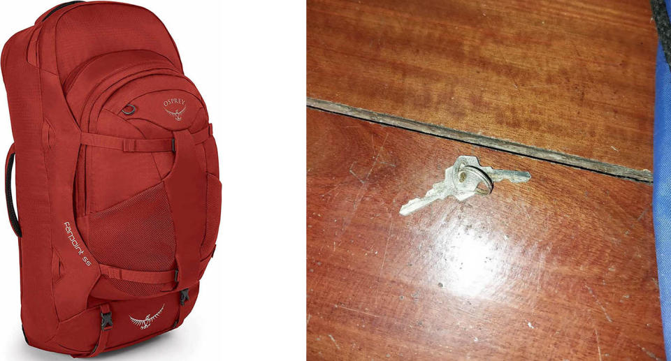 Left: A red Osprey Farpoint backpacker similar to what Ildar Rakhmatulin could be carrying. Right: A set of keys found in a bag left behind at the resort.