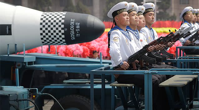 <span class="article-figure-source">North Korea has held a large military parade to mark the 105th anniversary of the birth of its founder. Photo: AP</span>