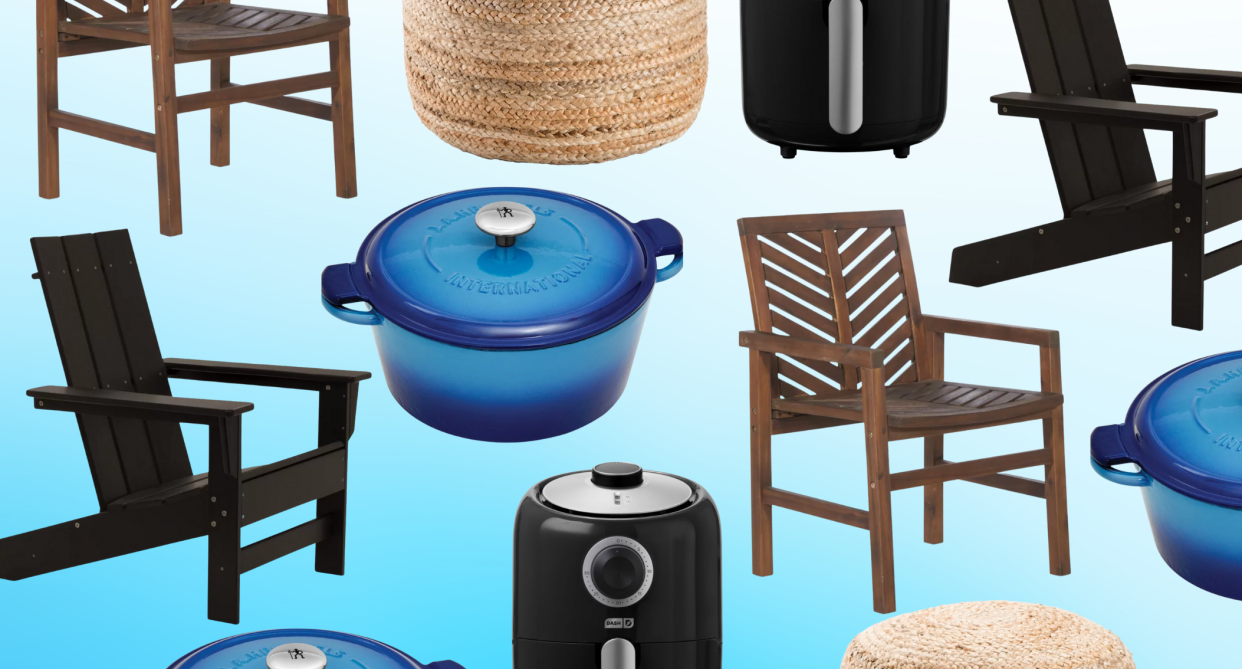 wayfair, wayfair victoria day sale, brown patio chair, black patio chair, blue cast iron pot, black air fryer, rattan pouf on blue background 