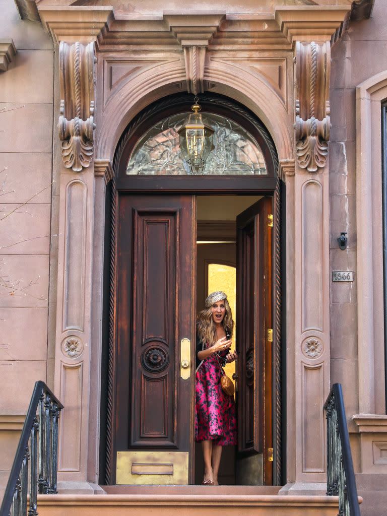 new york, ny march 08 sarah jessica parker is seen on the set of and just like that on march 08, 2023 in new york city photo by jose perezbauer griffingc images