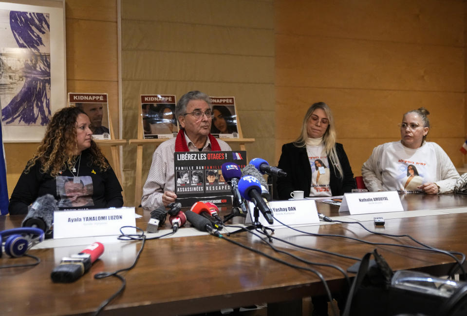 From left, French Israeli Ayala Yanalomi Luzon, French Israeli Yashay Dan, Israeli Nathalie Amouyal and Alin Atias calling for the release of hostages who were kidnapped on Oct. 7, 2023 during a media conference in Paris, Tuesday, Feb. 6, 2024. (AP Photo/Michel Euler)