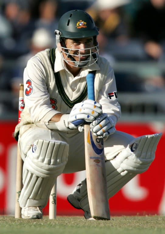Australia's Justin Langer smiles after being hit by a delivery from Pakistan fast bowler Shoaib Akhtar at the WACA in 2004. "We could have got a single every ball given how far Moin Khan, the wicketkeeper, was standing back," he recalls