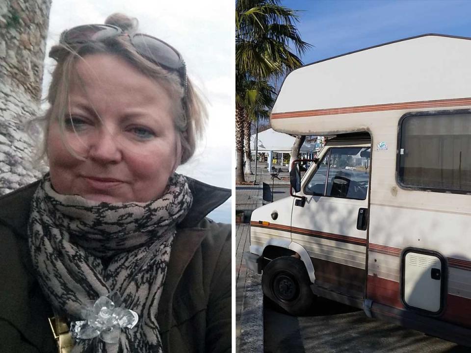 Side by side images of a blonde woman with sunglasses on her head taking a selfie and a parked RV.