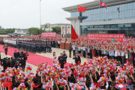 FILE - In this file photo provided by the North Korean government, North Korean leader Kim Jong Un, center left, and Chinese President Xi Jinping, center right, attend a send-off ceremony at Pyongyang International Airport in Pyongyang, North Korea Friday, June 21, 2019. China appears to be keeping its distance as Russia and North Korea move closer to each other with a new defense pact that could tilt the balance of power between the three authoritarian states. The content of this image is as provided and cannot be independently verified. Korean language watermark on image as provided by source reads: "KCNA" which is the abbreviation for Korean Central News Agency. (Korean Central News Agency/Korea News Service via AP)