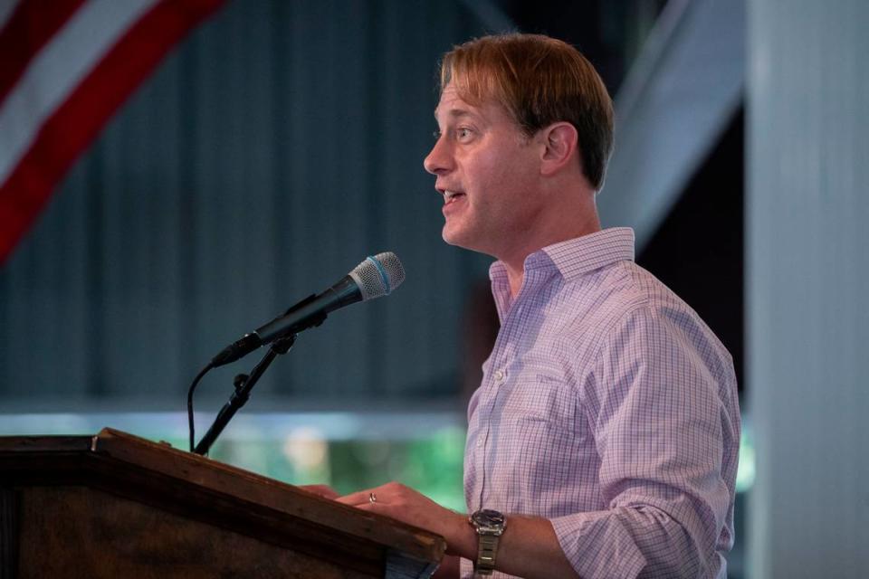 Kentucky Secretary of State Michael Adams speaks during the Fancy Farm picnic in Fancy Farm, Ky., on Saturday, Aug. 5, 2023.