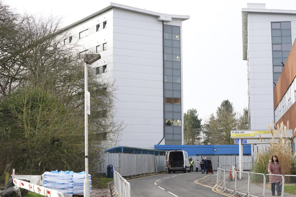 A view of the staff accommodation block where British nationals who have recently flown back from China and at risk from the new virus are being quarantined, at Arrowe Park Hospital, on the Wirral, in Liverpool, England, Wednesday Feb. 5, 2020. Britain on Tuesday urged all of its citizens in China to leave the country because of the outbreak of a respiratory illness from a new virus, while Belgium became the latest nation to announce a confirmed case. (AP Photo/Jon Super)