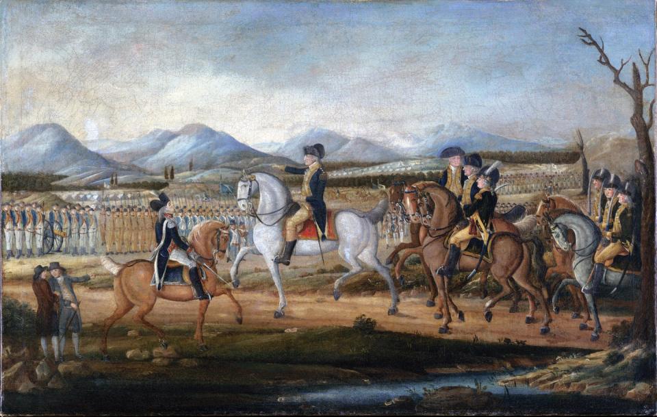 A painting of George Washington and his troops.