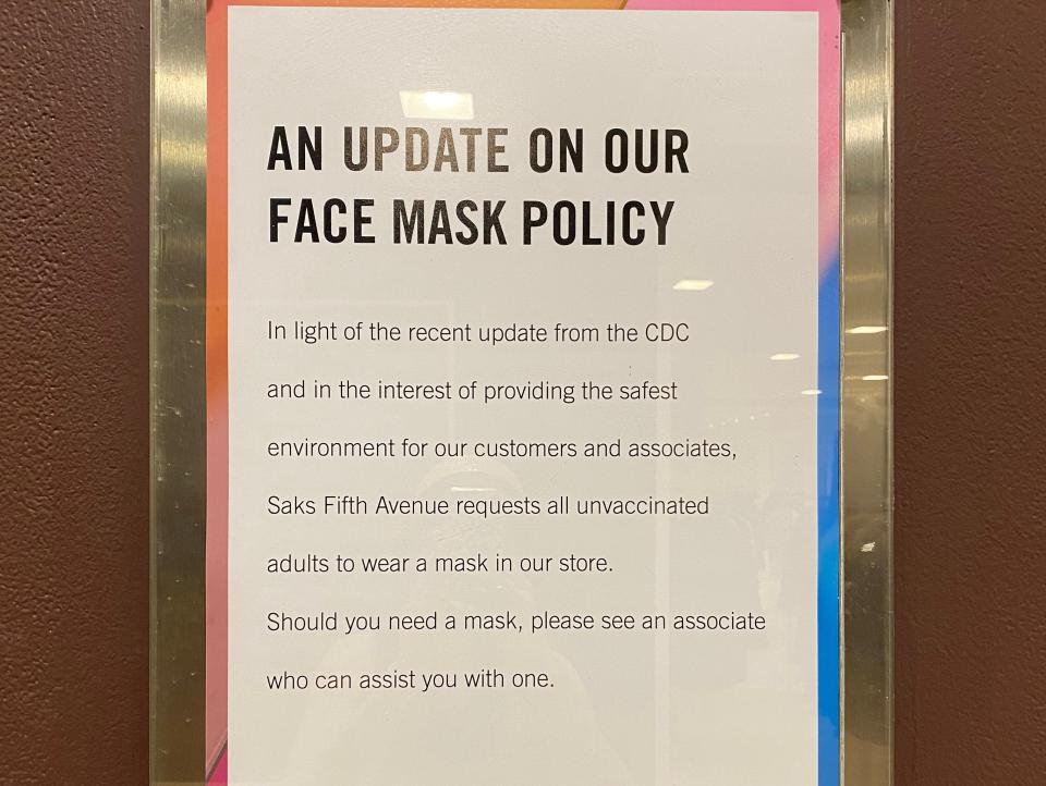 The updated mask policy at Saks as of May 23, 2021.