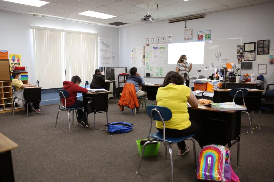 Hybrid learning takes place at Park Avenue Elementary in Aztec Municipal School District on Sept. 23, 2020. Teachers split their attention by teachers students in-person and online simultaneously.