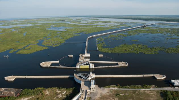 An aerial view of the Inner Harbor Navigation Canal-Lake Borgne Surge Barrier on Aug. 1, 2015, in New Orleans. The 1.8-mile barrier is located at the confluence of the Gulf Intracoastal Waterway (GIWW) and the Mississippi River Gulf Outlet (MRGO), about 12 miles east of downtown New Orleans. (Photo: The Washington Post via Getty Images)