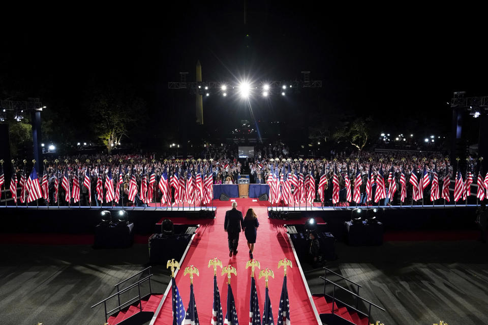 Vice President Mike Pence and his wife Karen arrive before President Donald Trump speaks from the South Lawn of the White House on the fourth day of the Republican National Convention, Thursday, Aug. 27, 2020, in Washington. (Doug Mills/The New York Times via AP, Pool)