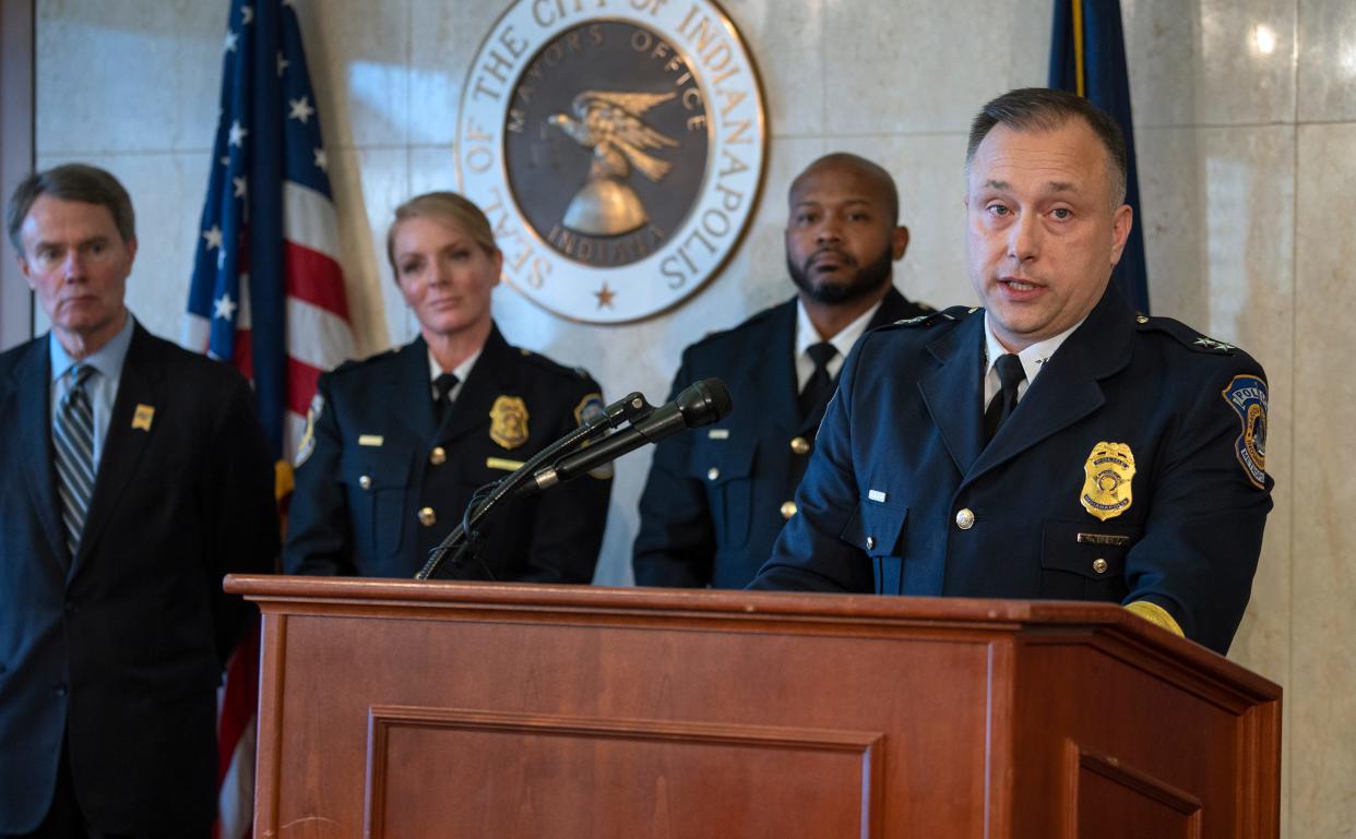 Newly-sworn in Chief of the Indianapolis Metropolitan Police Department Christopher Bailey gives remarks about his plans in his new role Monday, Feb. 12, 2024 during a press conference at the City/County Building.