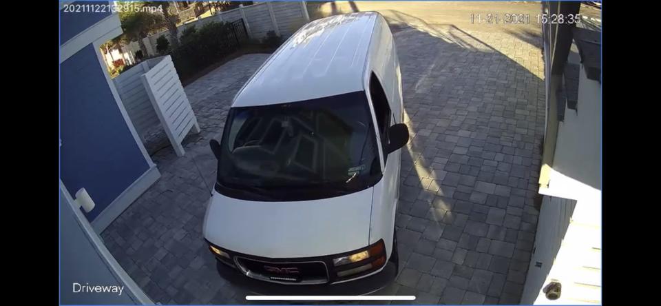 Surveillance footage shows an older model white GMC Savana utility van parked at a residence on Blue Mountain Road around the time of a theft on Sunday, Nov. 21. Two men were reportedly seen returning to the vehicle with a stolen Hayward Smart Control Panel.