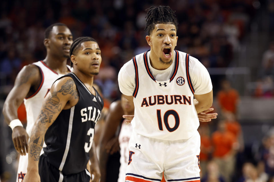 Auburn guard Chad Baker-Mazara (10) reacts to a foul called on him during the second half of an NCAA college basketball game against Mississippi State, Saturday, March 2, 2024, in Auburn, Ala. (AP Photo/ Butch Dill)